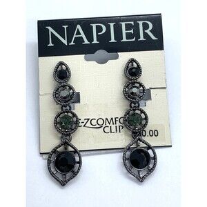 Napier black gray rhinestones clip on earrings